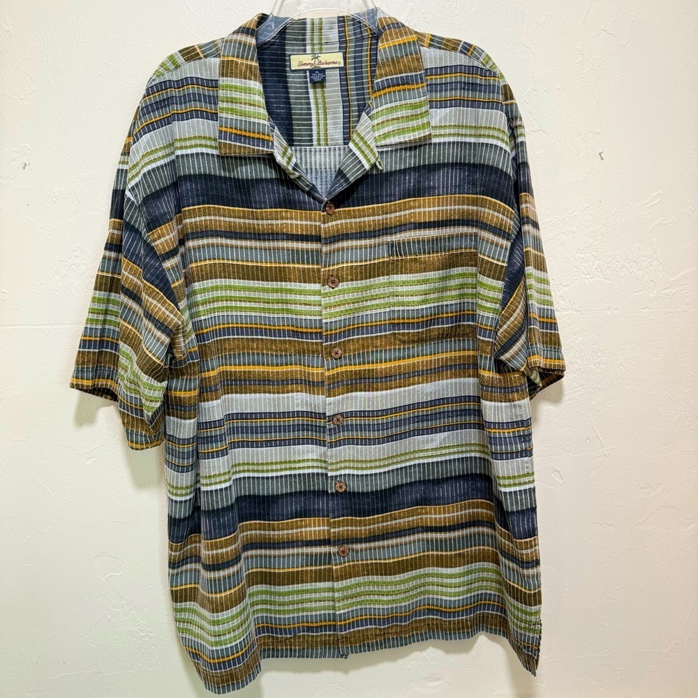Tommy Bahama Men’s Hawaiian Shirt SilkCotton Blend Ribbed Green Black Stripe XL 